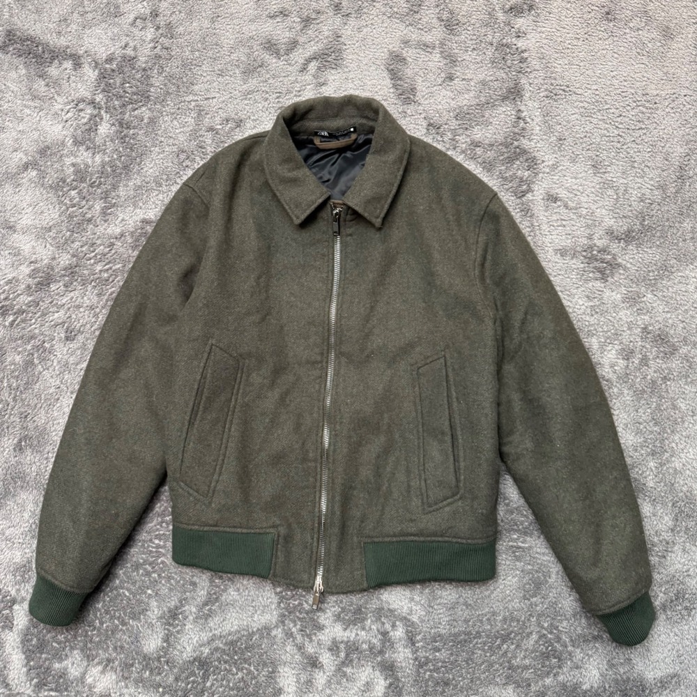 Zara Man Olive Green Wool Blend Bomber Jacket Full Zip Medium